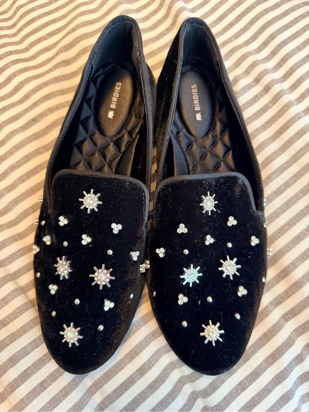 Birdies Black Velvet Starburst Embellished Loafers